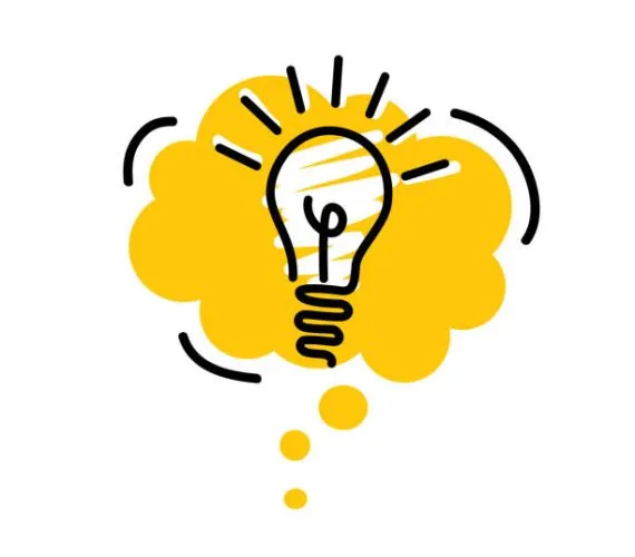 Bright yellow speech bubbles with icons light bulb. Concept ideas or insight. Isolated on white background. Hand drawn doodle. Vector illustration.